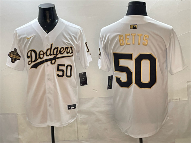Men's Los Angeles Dodgers #50 Mookie Betts White Gold 2025 World Series Champions Patch Limited Stitched Baseball Jersey Men's Los Angeles Dodgers #50 Mookie Betts White Gold 2025 World Series Champions Patch Limited Stitched Baseball Jersey